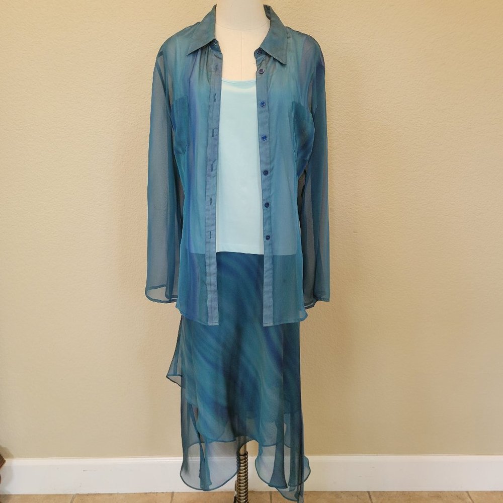 3 Pcs Skirt Tank and Blouse Set Translucent Blue